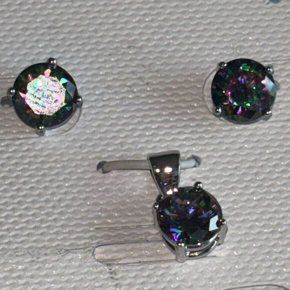 925 sterling silver Mystic Topaz Ring earring pendant set Sz 7 solitaire post - Picture 3 of 11